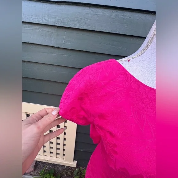 90s Vintage Hot Pink Cotton Jacquard Wiggle Dress w Low Back and Bow Sz Sm - Picture 4 of 9